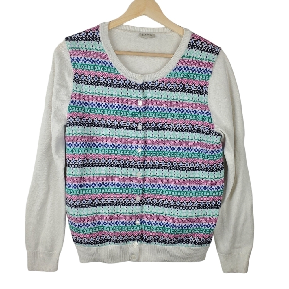 Talbots Small Cardigan Sweater Colorful fair isle‎ White pink green Preppy